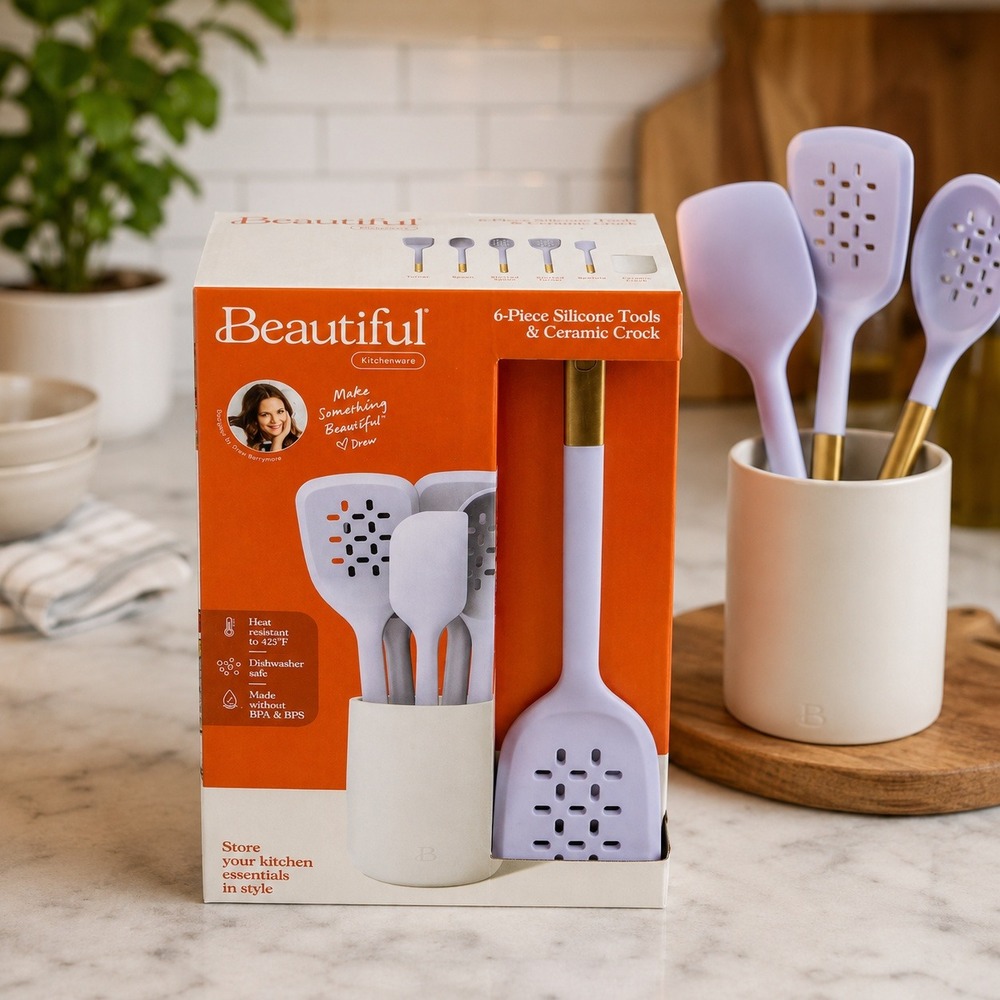 Beautiful by Drew Barrymore 6pc Silicone Kitchen Tool Set Lavender Purple Gold